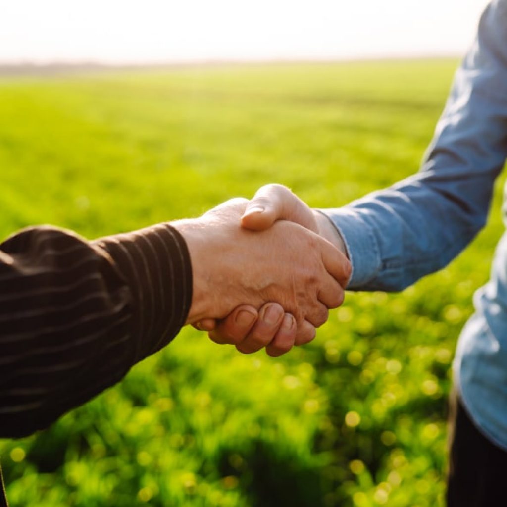 Handshake Two Farmers on Background of Wheat Field